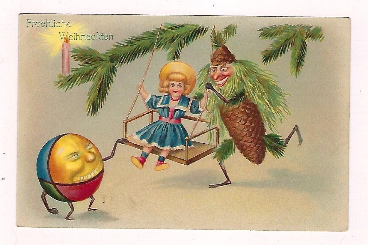 Early 1900\'s  Fantasy Chistmas Postcard Pine Man & Girl Swinging \