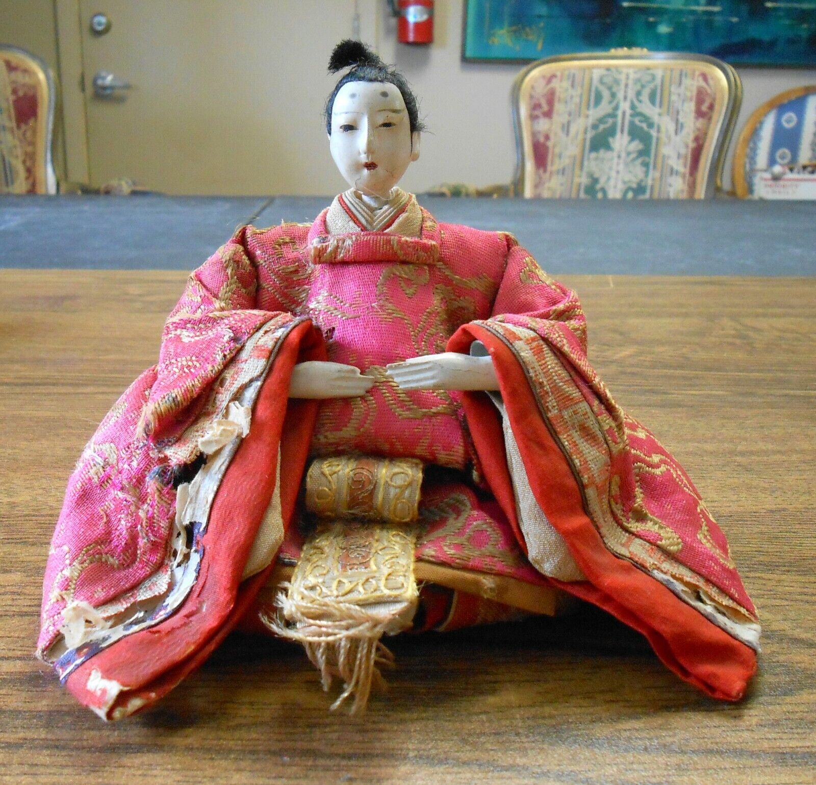 Antique Japanese Seated Samurai Gofun Silk Fabric Male Warrior Doll Figurine 4\