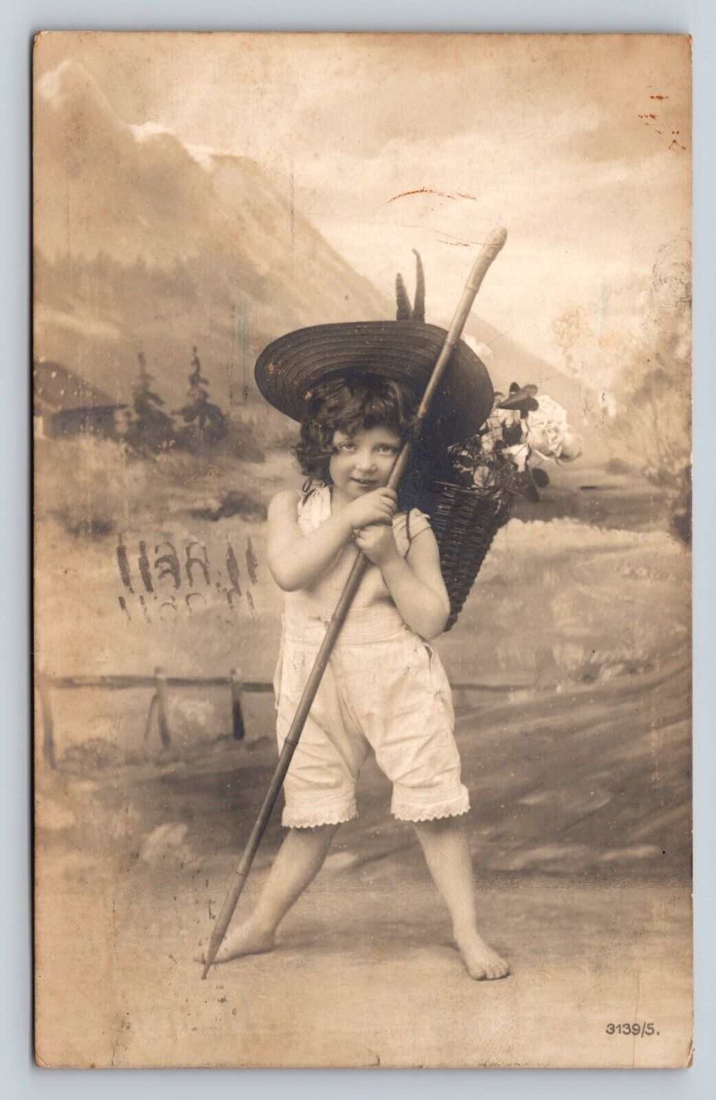 c1907 RPPC Adorable Kid Barefoot Studio Photo Hat Floral RARE ANTIQUE Postcard