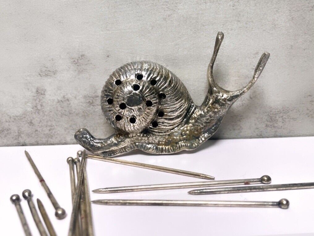 Antique Hand Forged Silver Snail Escargot Picks/Toothpick Holder | Complete