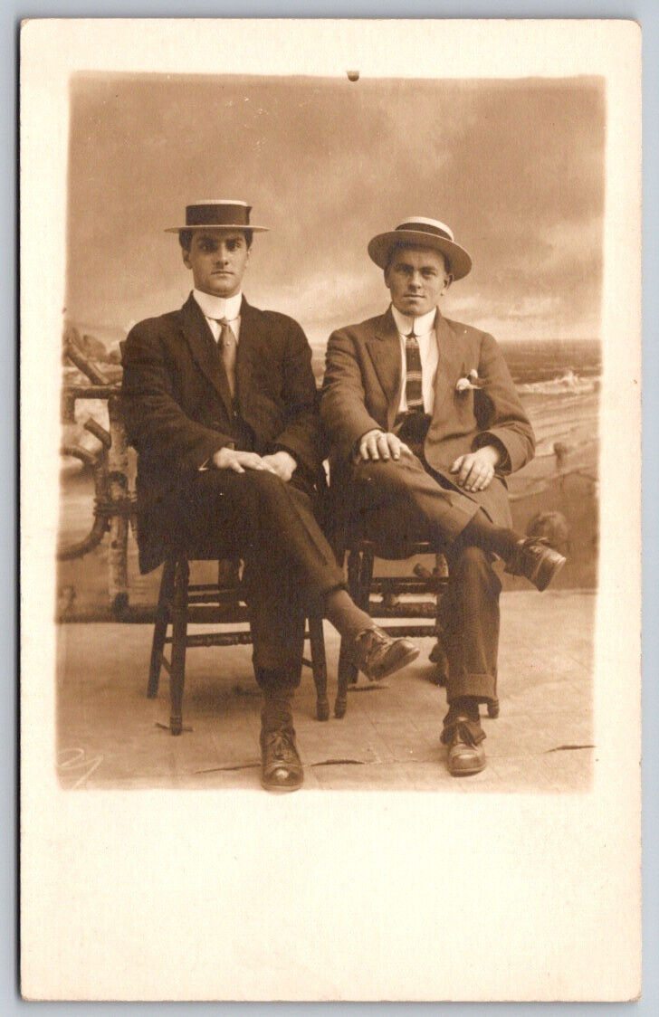 2 Gentlemen Portrait Midland Beach Staten Island c1913 Real Photo Postcard RPPC