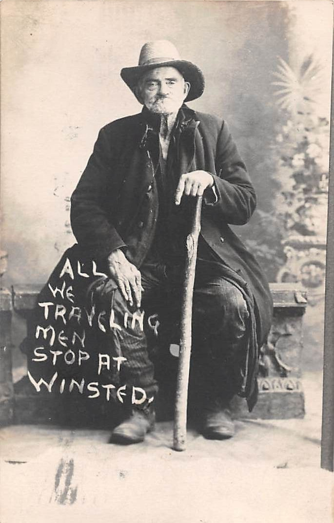 WINSTED, CT ~ SEATED OLD MAN, COMIC TITLE, DEMARS REAL PHOTO PC ~ used 1906