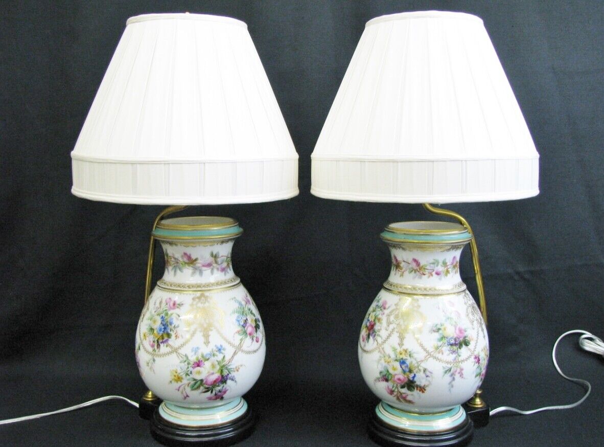 Elegant Pair of Old Paris Porcelain Painted Vases Mounted As Table Lamps C. 1860