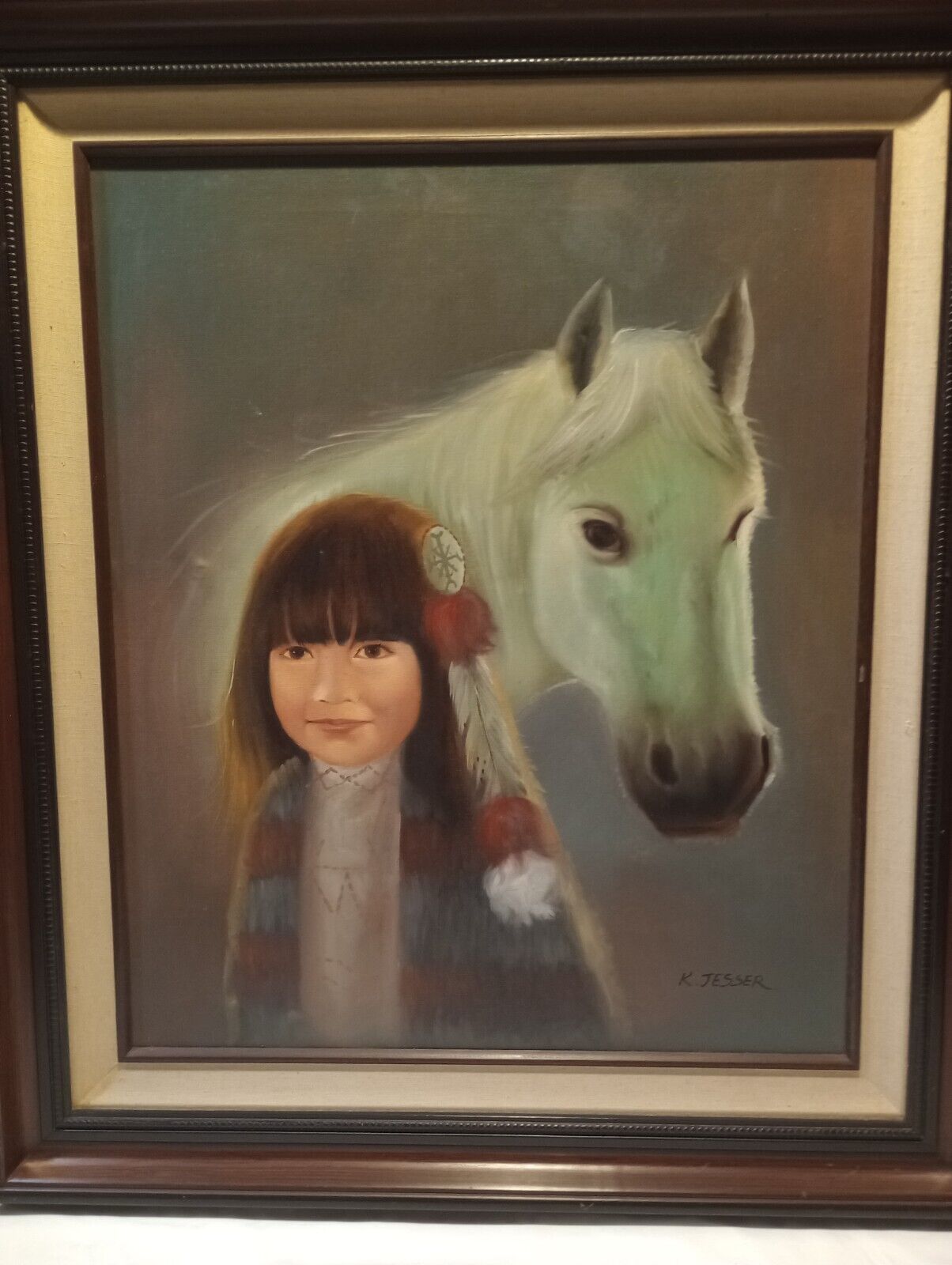 Vintage K. Jesser Oil Painting Native American Child Wi/ Whtie Horse16x20