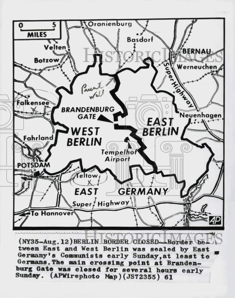1961 Press Photo Map shows border between East and West Berlin - lra03431