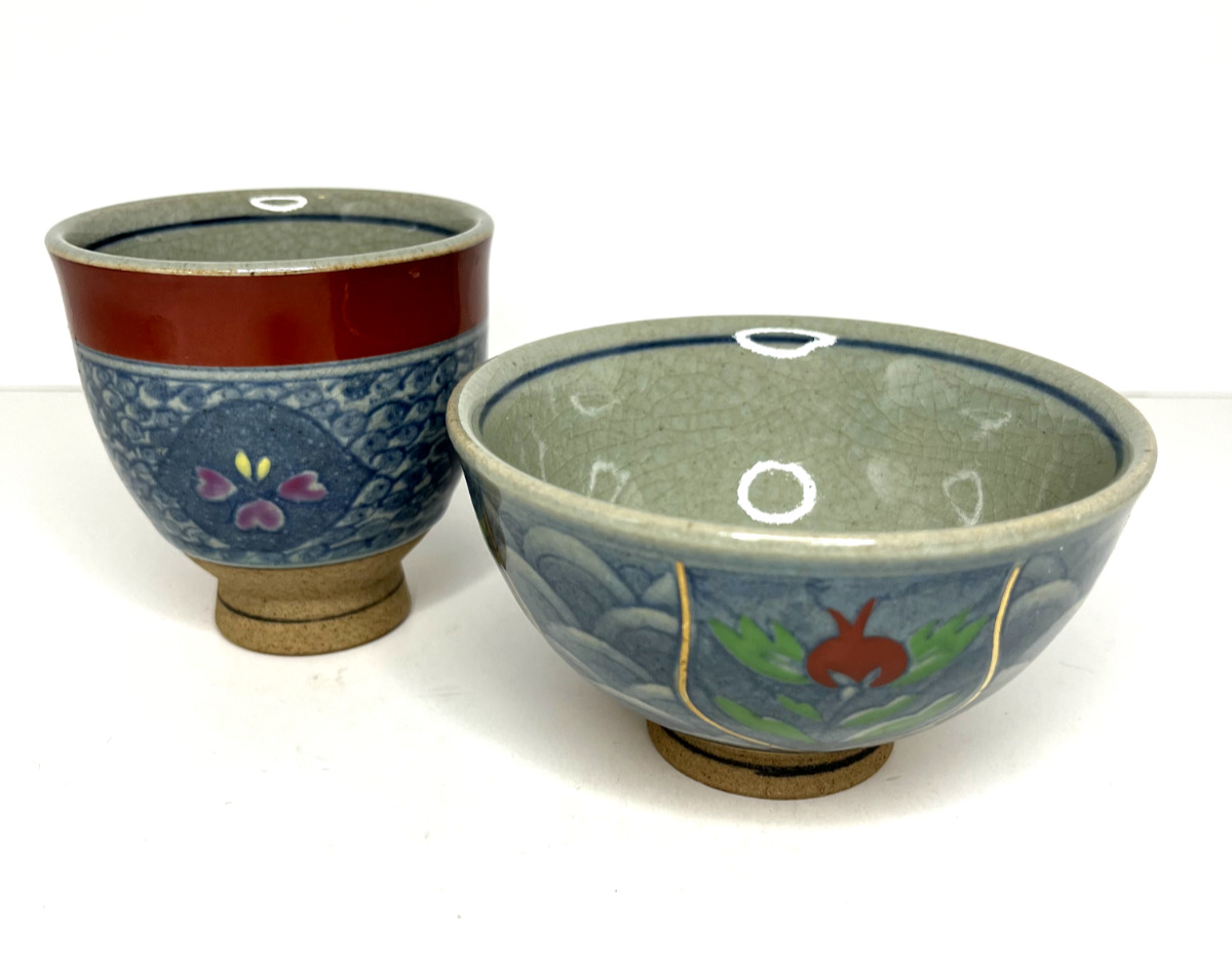 Arita Ware Kiyohide Japanese soup/rice bowl and teacup set, blue floral
