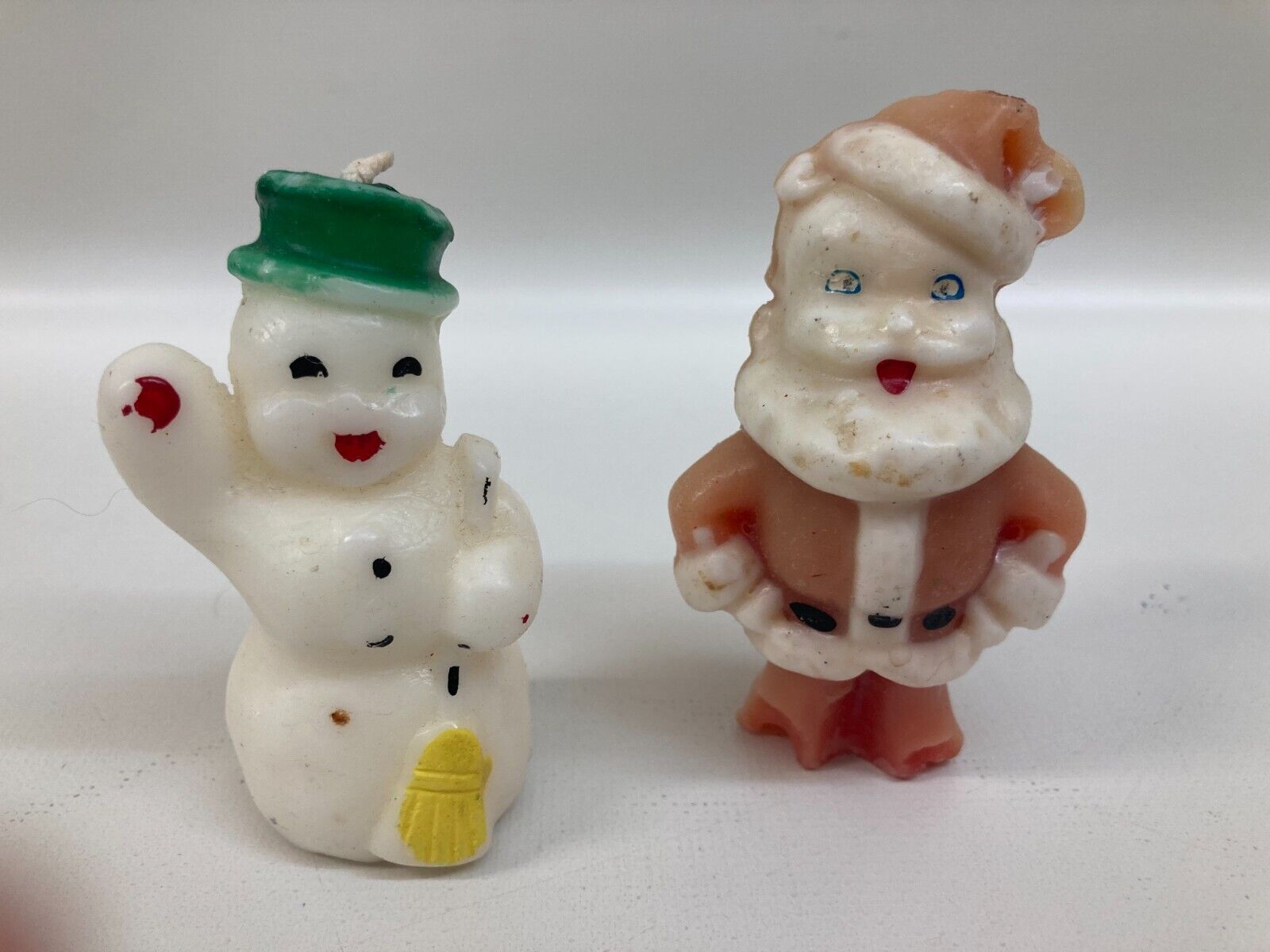 Two Vintage 1950\'s Gurley Christmas Snowman With Broom Santa Wax Candles 3”