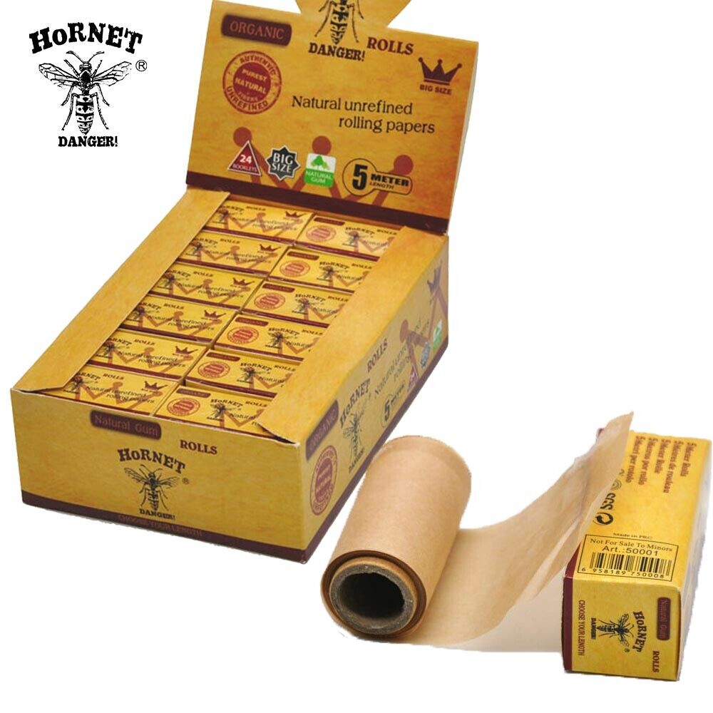 1 X Box HORNET Natural Unrefined ORGANIC Rolling paper 5M ROLLS - 24 x Booklet