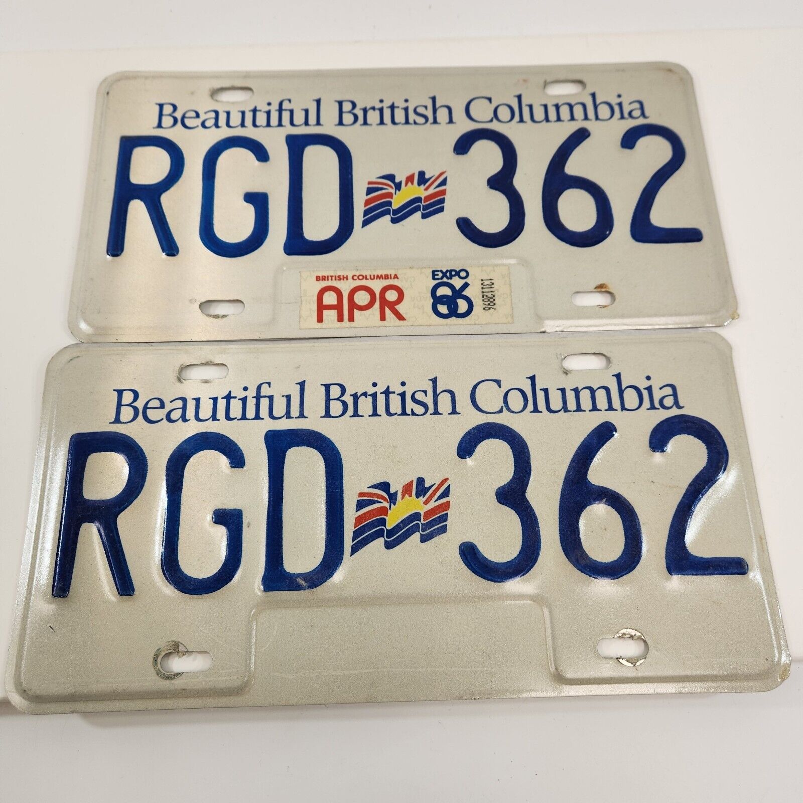 Beautiful British Columbia License Plate Matching Pair Expo RGD 362 Expired 1986