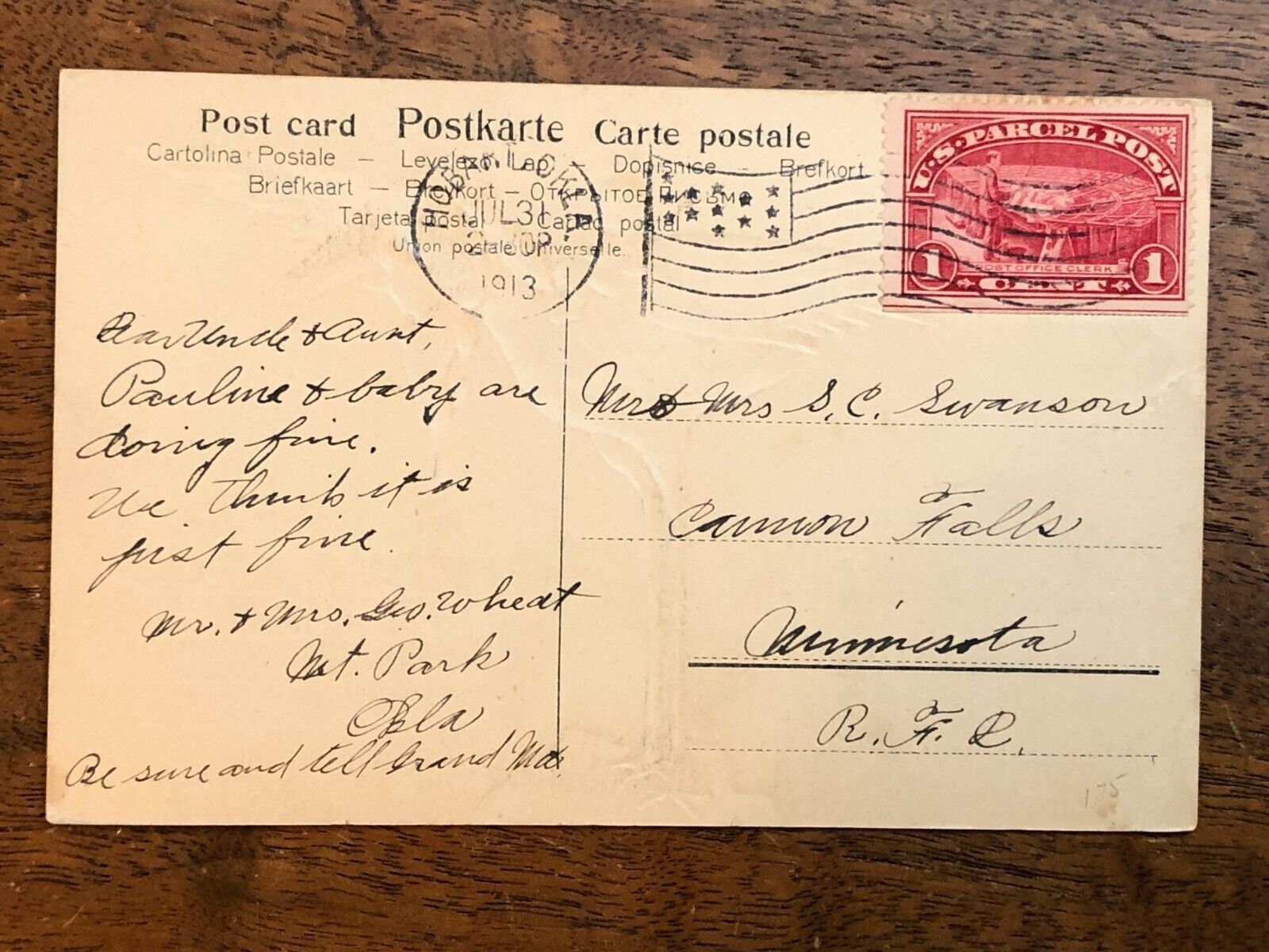 1913 postcard with Pacel Post stamp #Q1, 13 star flag cancel - embossed