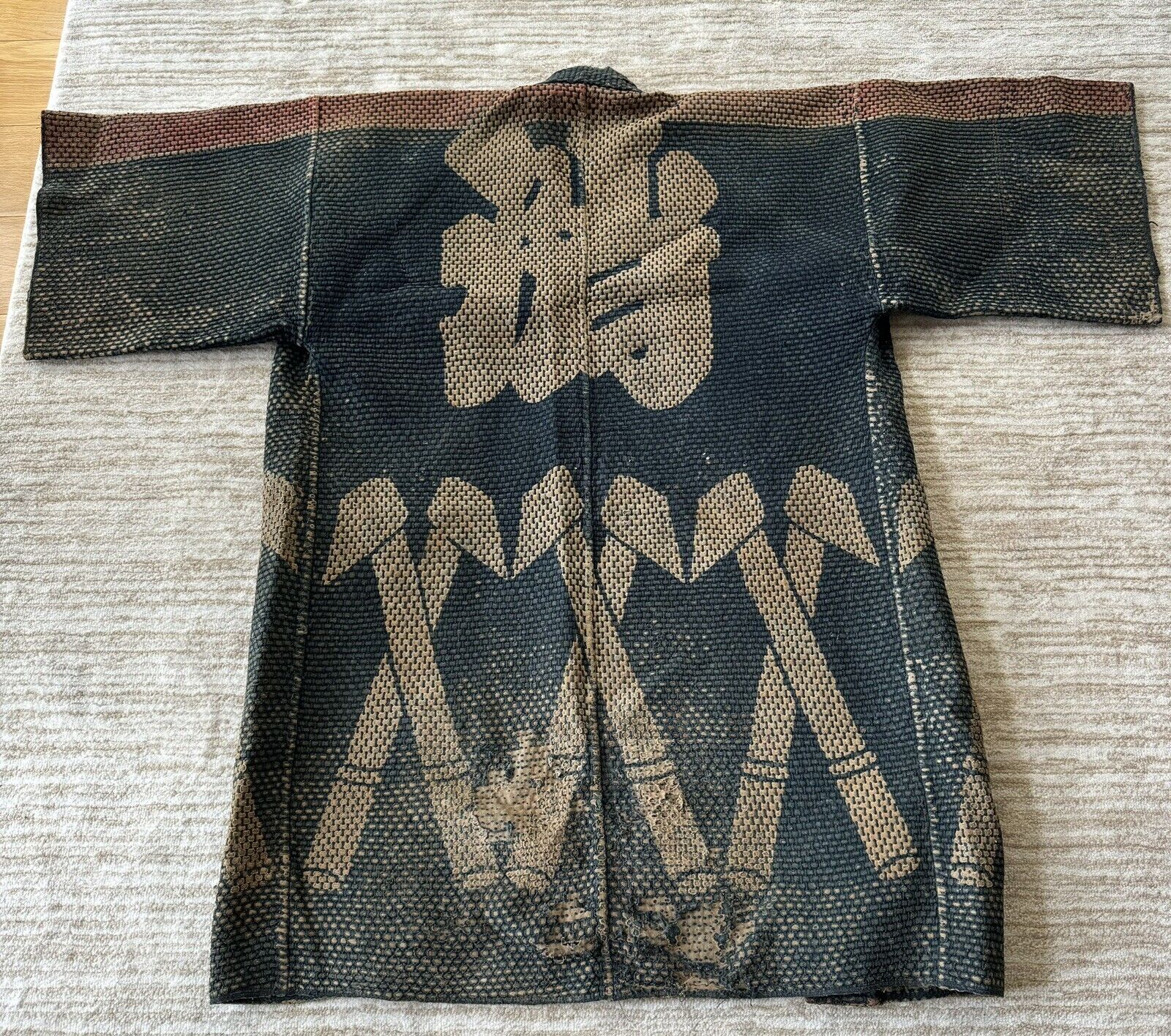 Antique Meiji Japanese Fireman Indigo Sashiko Kanji Distress Boro Coat Jacket