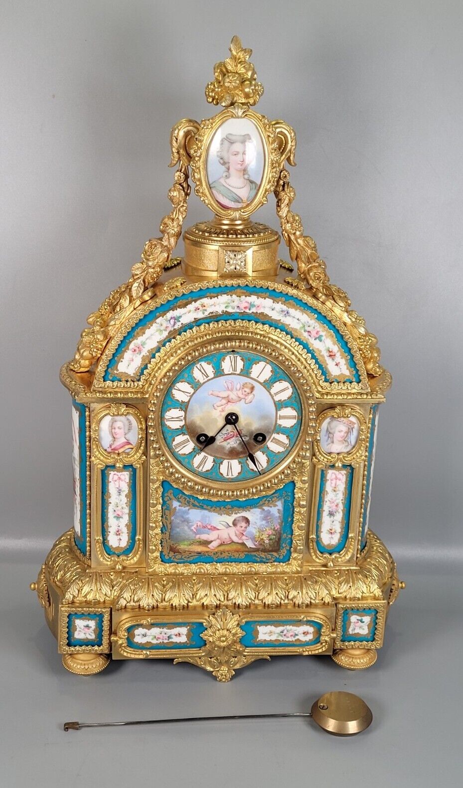 Large Antique Porcelain Panel French Figural Mantel Clock
