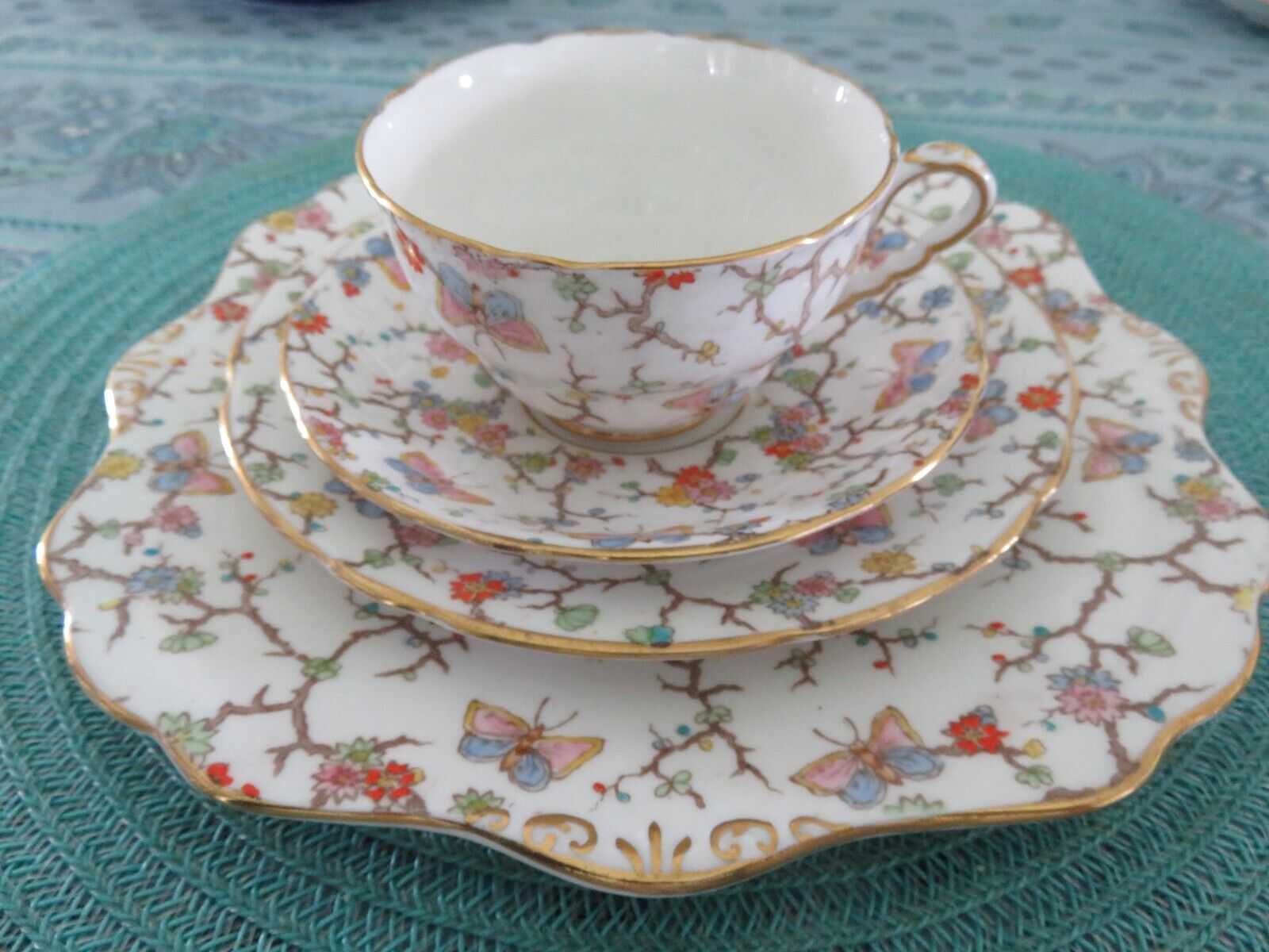 ROYAL STAFFORD 3 PIECE TEACUP & SAUCER BUTTERFLY & FLORAL W/ SWEETS PLATE EXC