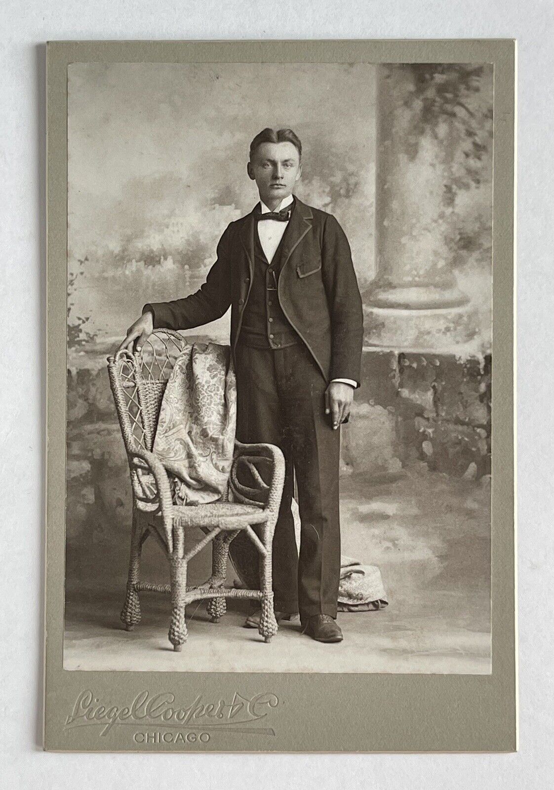 Antique Victorian Cabinet Card Photo Handsome Young Man Standing Chicago, IL