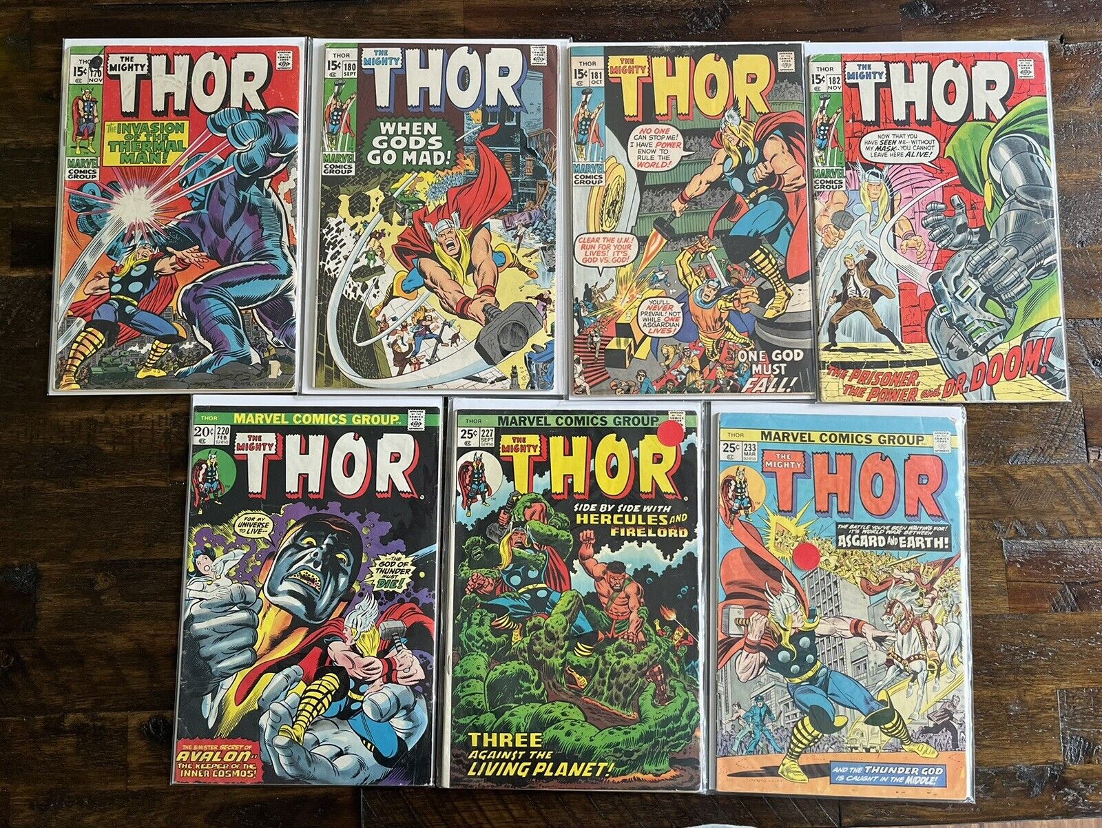 Lot of 7 bronze age Thor comics  VG condition. 170,180,181,182, 220, 227 233