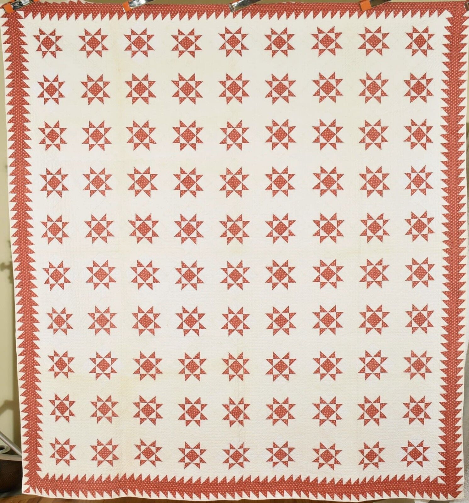 WELL QUILTED Vintage 1840's Red & White Stars Antique Quilt ~Sawtooth Border