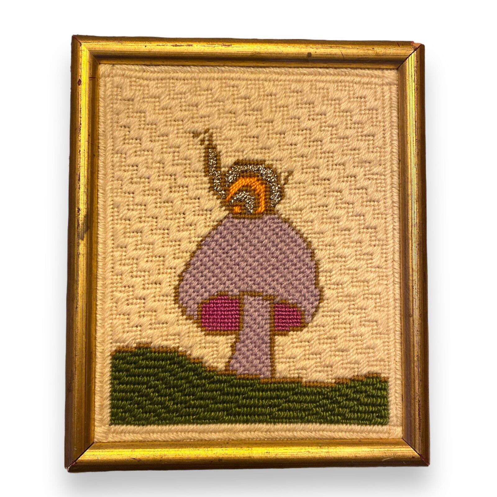 Vintage Embroidered Needle Point Snail On Mushroom Framed Wall Hanging Retro