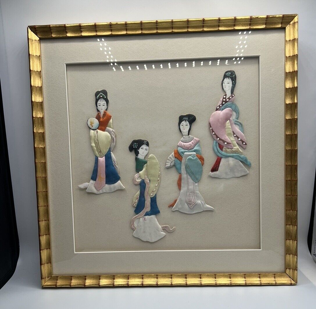 Vintage Japanese Quilted Cloth Art Geisha Framed 3D Wall Hanging 15x15 Oriental