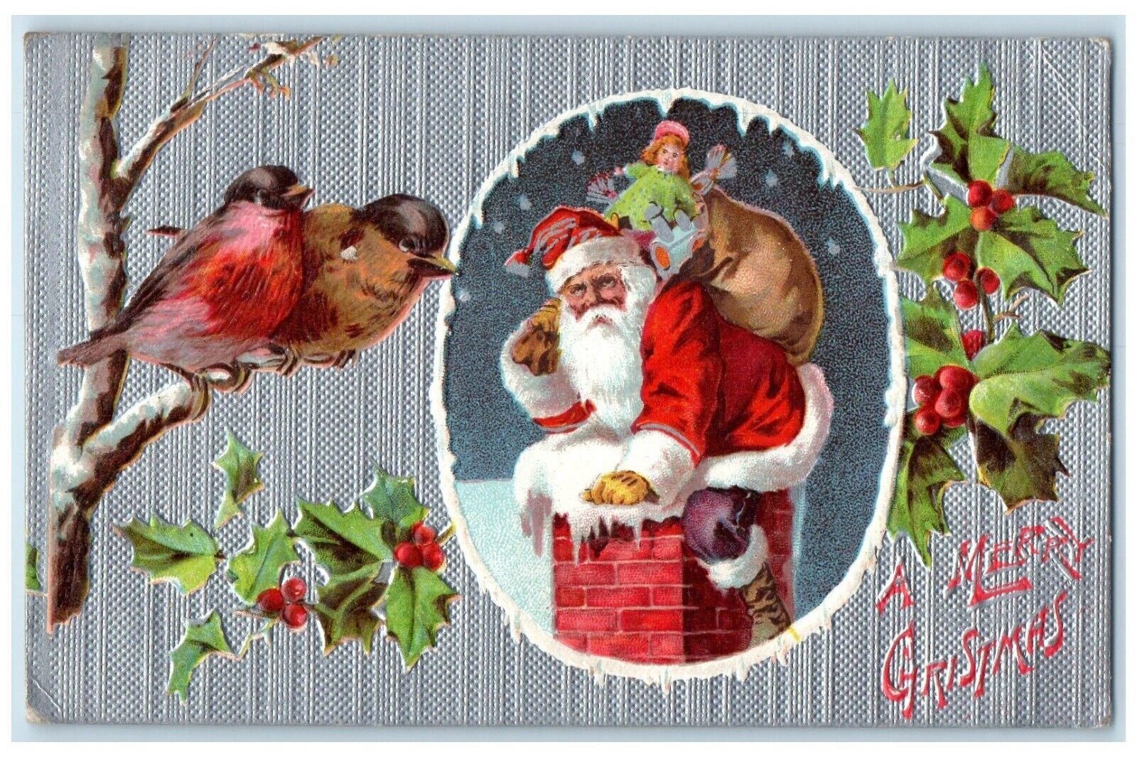 c1910\'s Christmas Santa Claus Sack Of Toys Chimney Song Birds Berries Postcard
