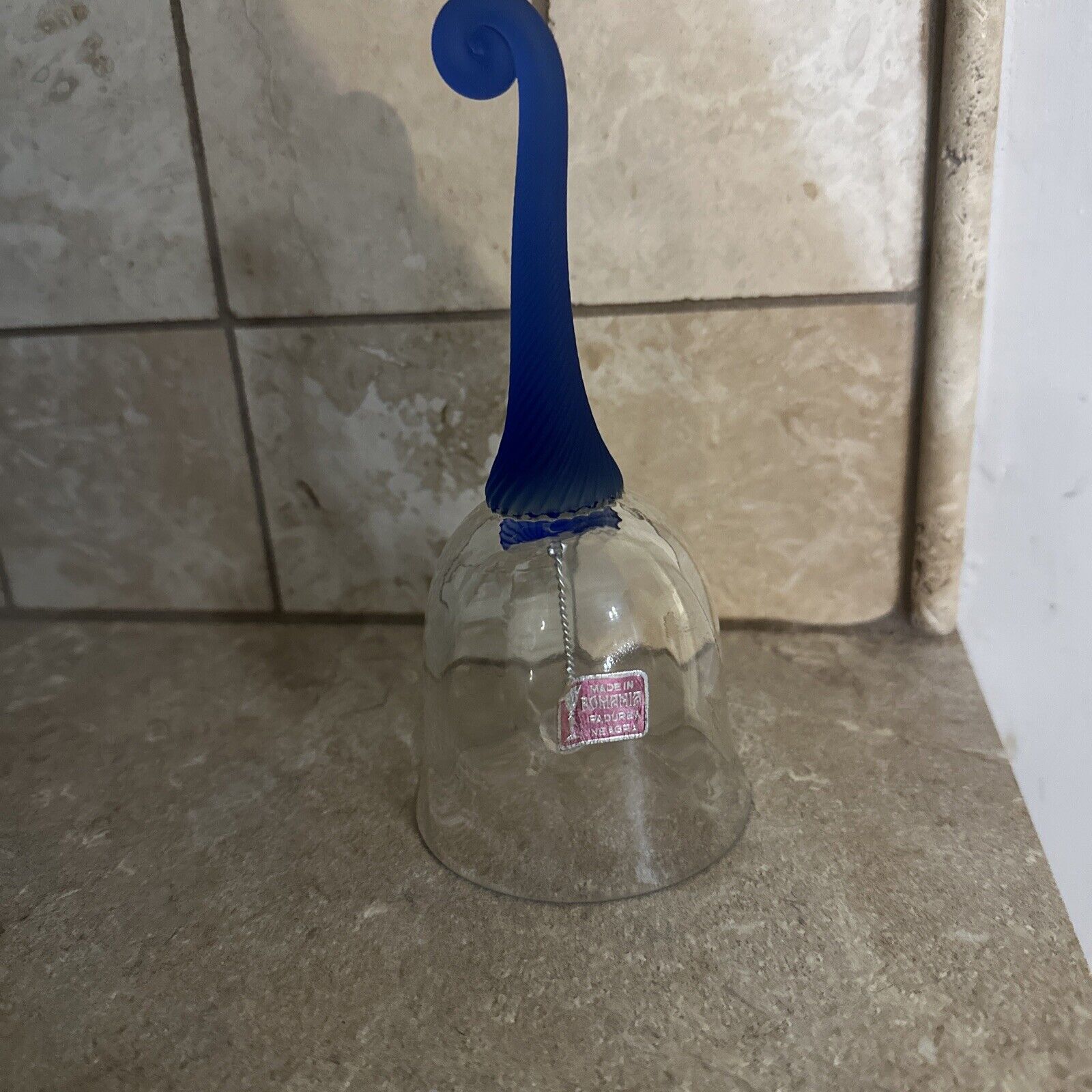 7”VTG Handcrafted Crystal Bell W/Satin Glass Cobalt Blue Handle Made In Romania