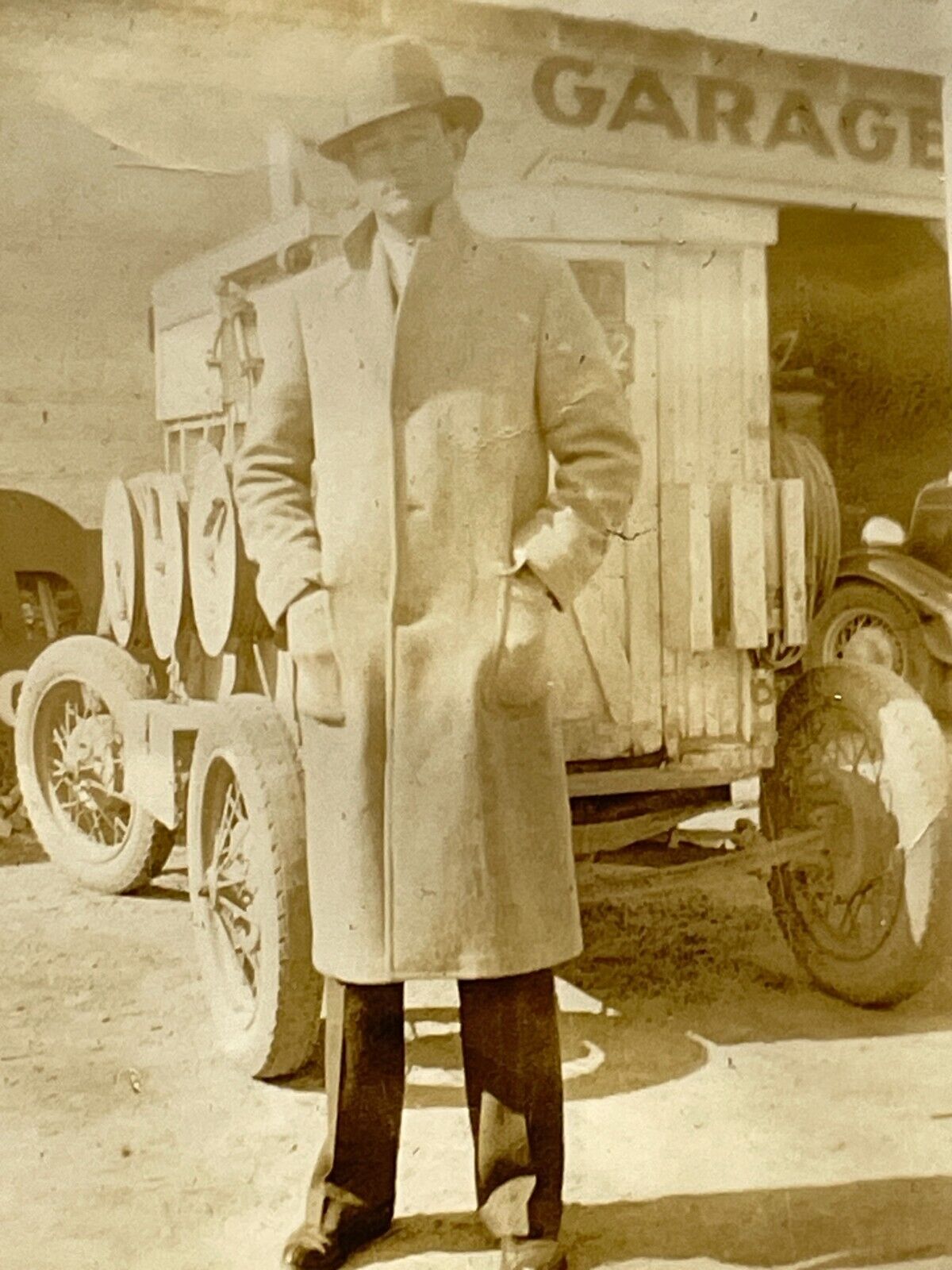 U3 Photograph Handsome Man Overcoat Fedora Hat Garage 1930\'s 
