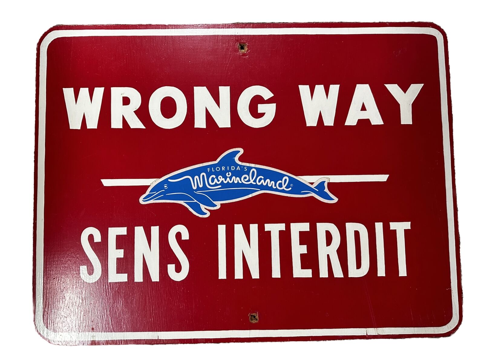 Vintage Florida’s Marineland “Wrong Way” Wooden Property Sign RARE