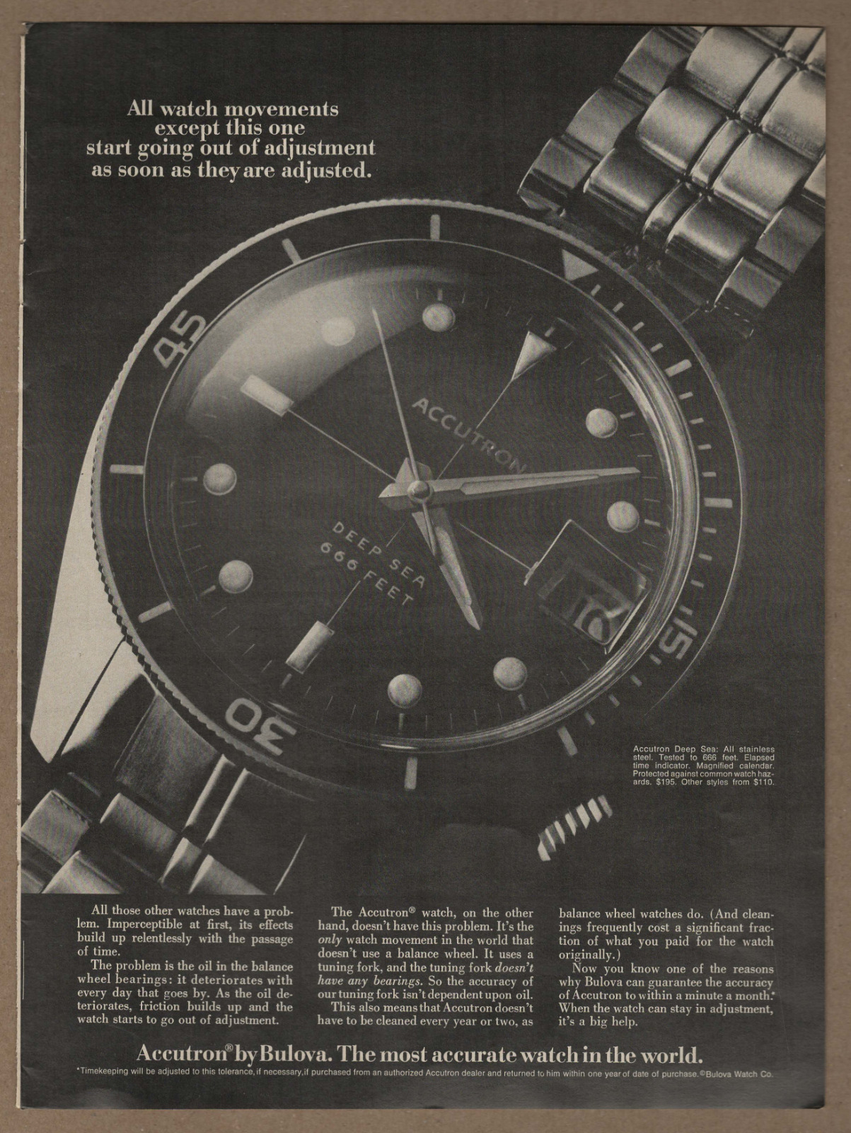 1970 Bulova Accutron Watch Vintage Print Ad Deep Sea 666 Feet Most Accurate