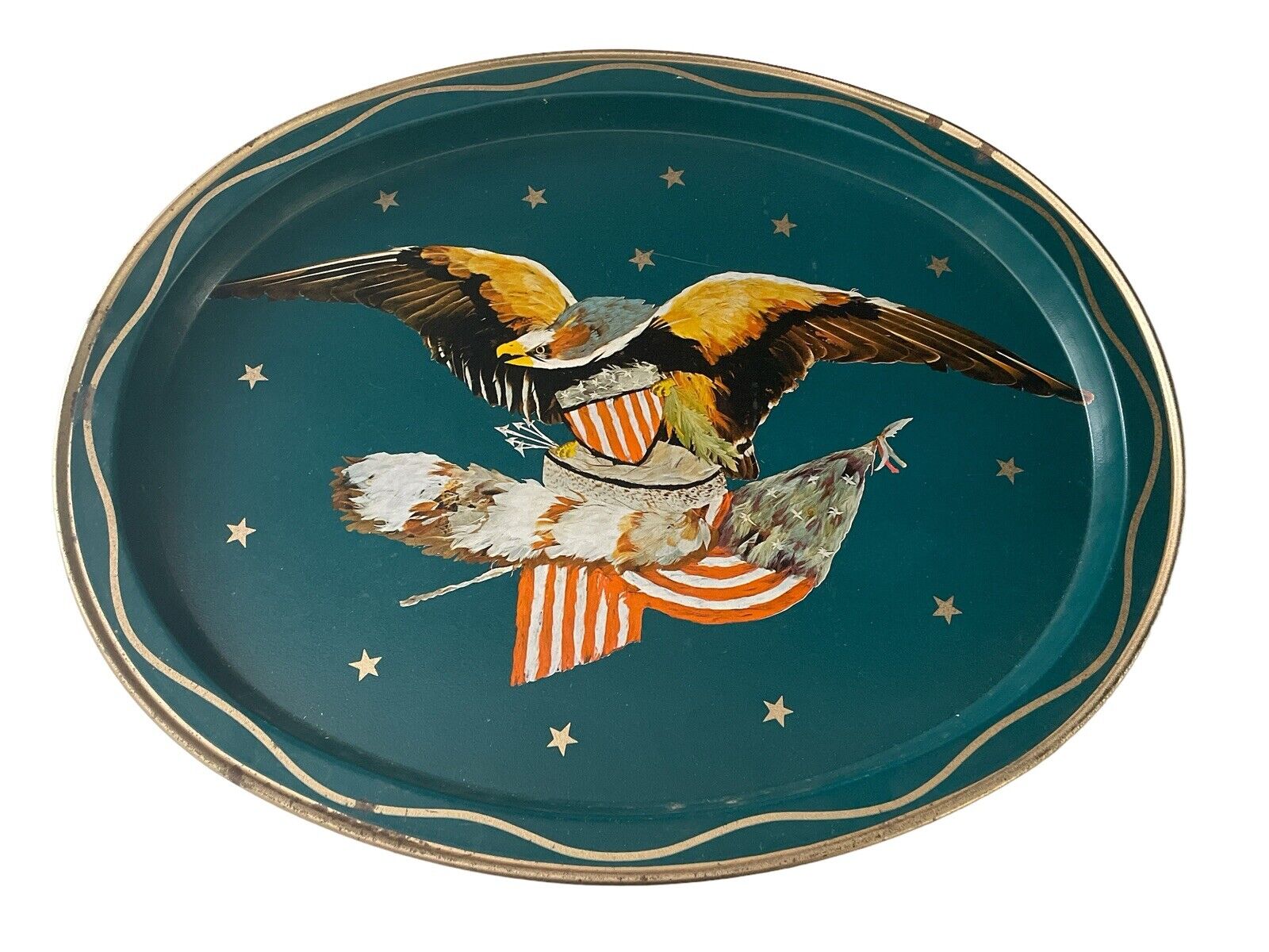 Vintage Colonial American Bald Eagle USA Serving Tray Oval Metal Flag Patriotic