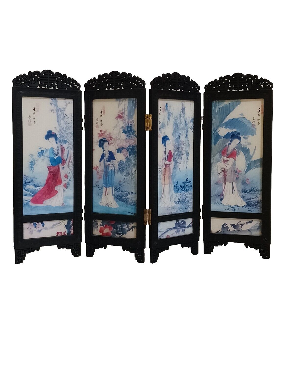 Vintage doll Asian Chinese 4 Panel Screen Flower Unique Rare