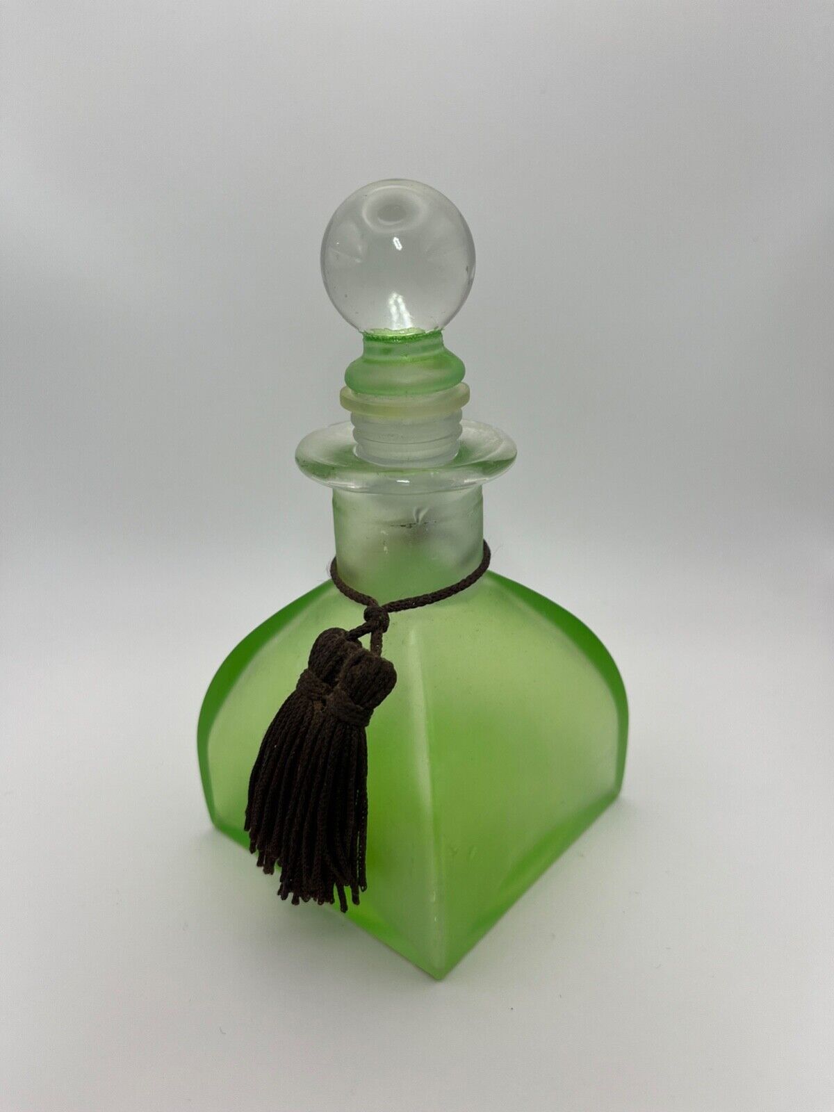 Vintage Green Frosted Glass Perfume Bottle With Brown Tassel.  Note last picture