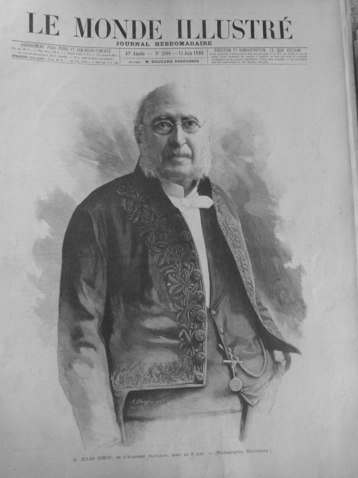1896 JULES SIMON PORTRAIT 1 ANTIQUE NEWSPAPER