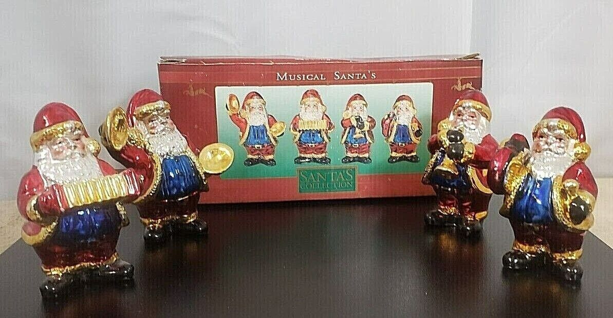 Three Hands Corp. Vintage Set of  Four Musical Santas Figurines Ceramic 1996 HTF