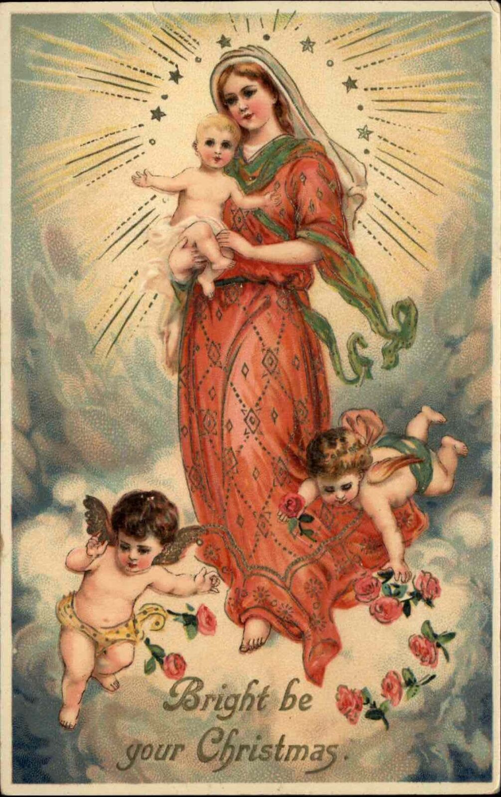 PFB No. 9377 Christmas Mary and Baby Jesus Angels c1910 Gel Vintage Postcard