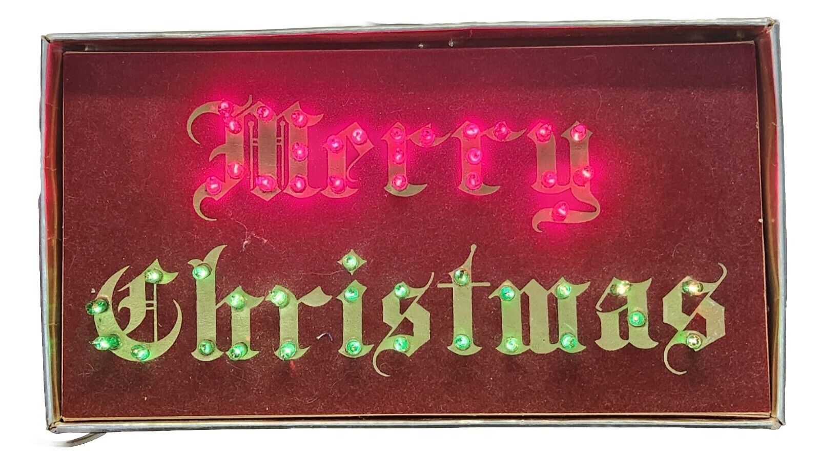 Vintage Rare Merry Christmas Light Up Sign Box Stand  Flocked Gold Lettering MCM