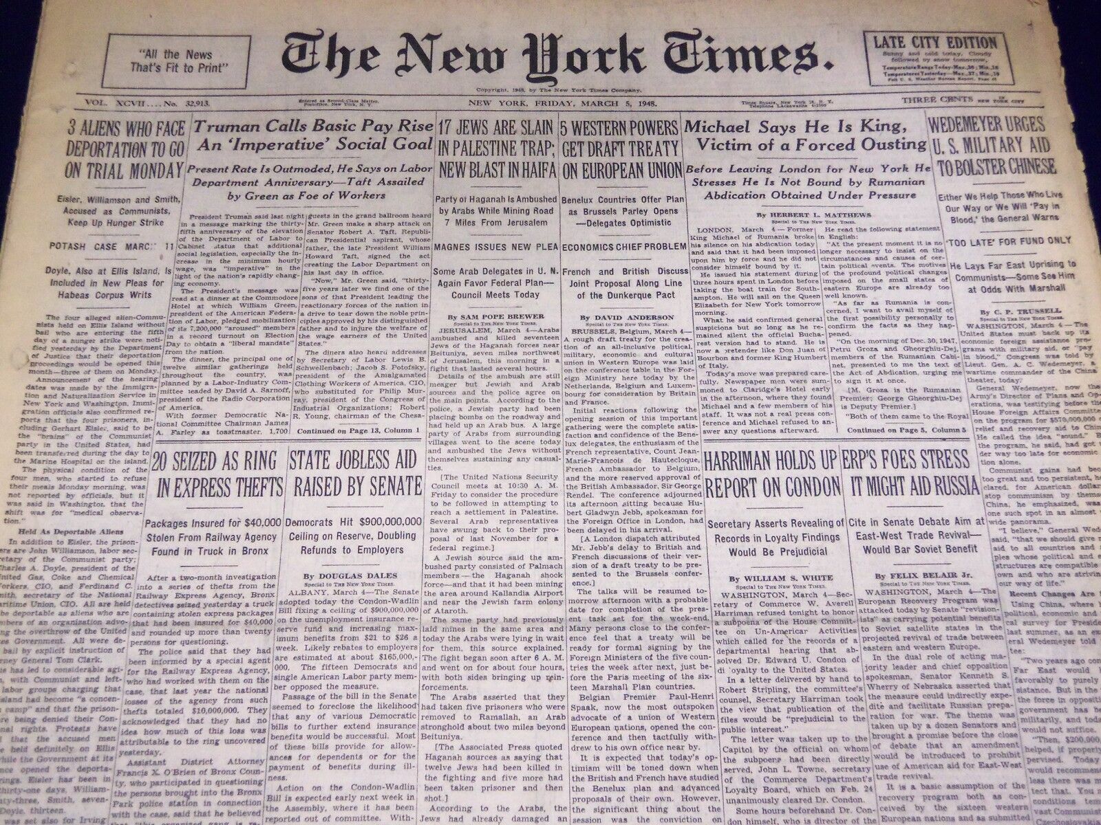 1948 MARCH 5 NEW YORK TIMES - 17 JEWS SLAIN IN PALESTINE TRAP - NT 3380