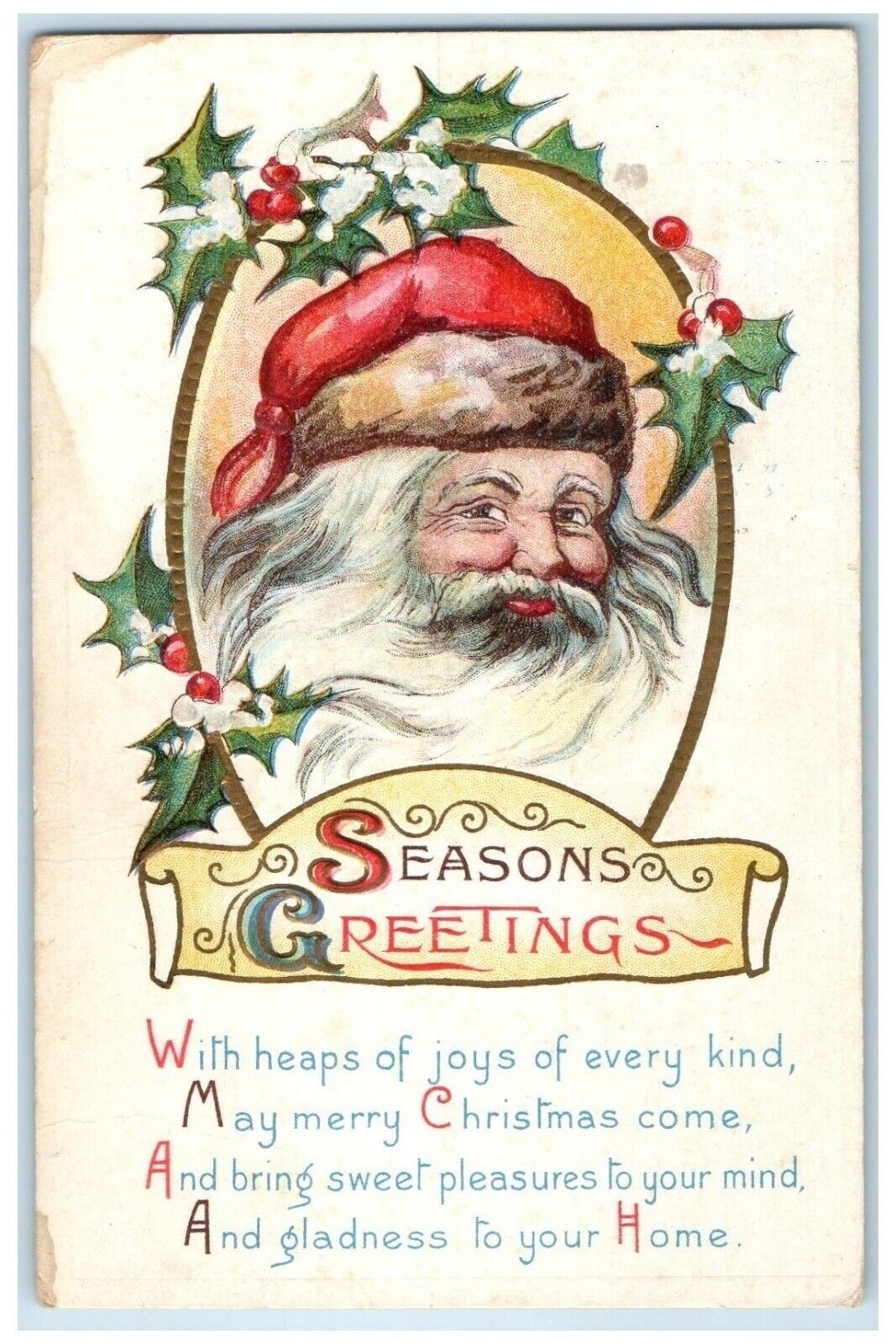 c1910\'s Christmas Greetings Santa Claus Holly Berries Embossed Antique Postcard