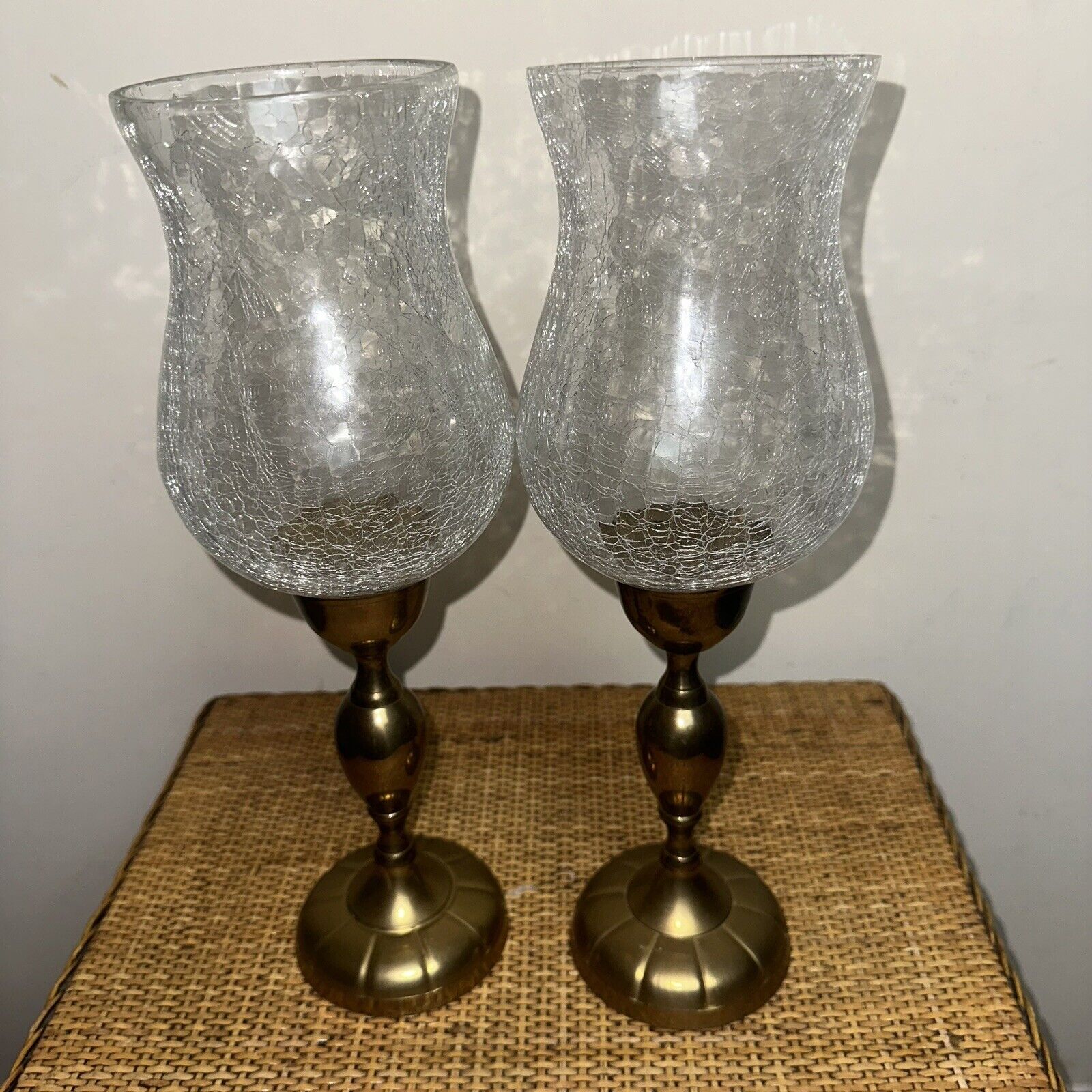 Vintage 22.5” Brass Candlestick Crackled Glass Shade Set Of 2 Decor Retro Boho