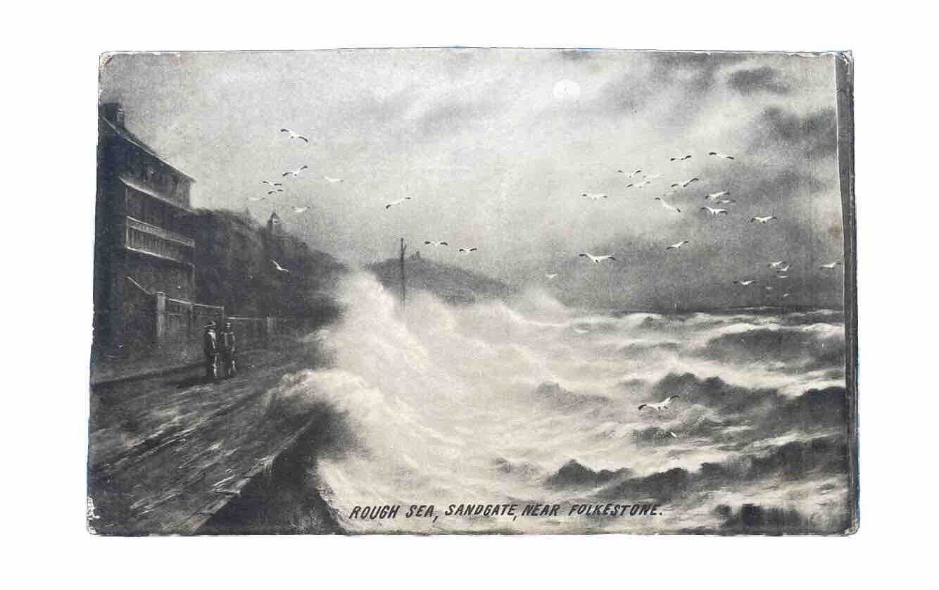 Antique Postcard Kent England UK Sandgate, Folkestone - Coded Message. Rough Sea