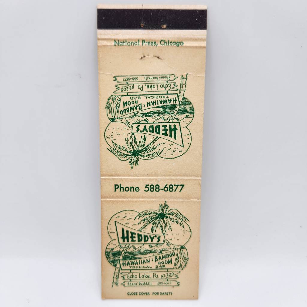 Vintage Matchbook Heddy's Hawaiian Bamboo Bar Echo Lake Pennsylvania
