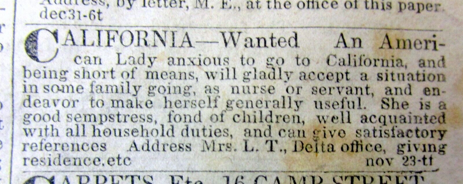 1852 New Orleans LA newspaper w Ad WOMAN WANTED 4 TRAVEL to CALIFORNIA GOLD RUSH