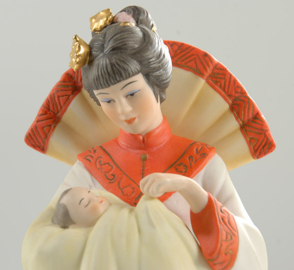 Mother Holding Baby - Fan & Lotus Flower Dress 1986 Porcelain Asian Figurine