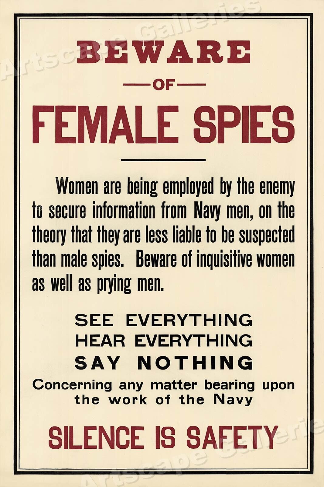 Beware Female Spies Silence Unusual 1915 WW1 Espionage Poster - 16x24