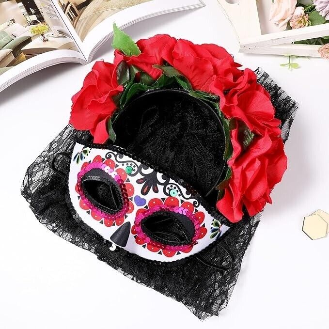 FOMIYES Rose Skull Floral Veil Day of The Dead Headband & Mask