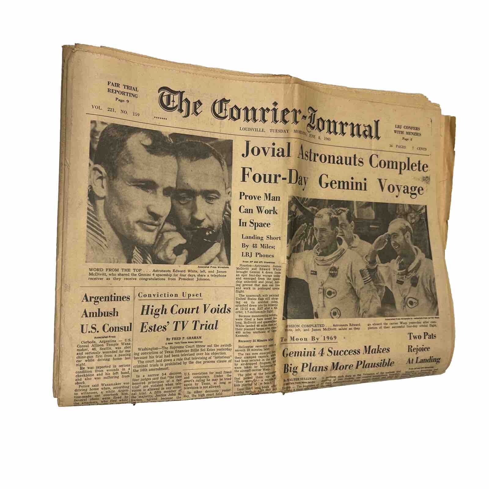1965 JUNE 8 THE COURIER JOURNAL NEWSPAPER - GEMINI 4 BACK FROM SPACE - (W)