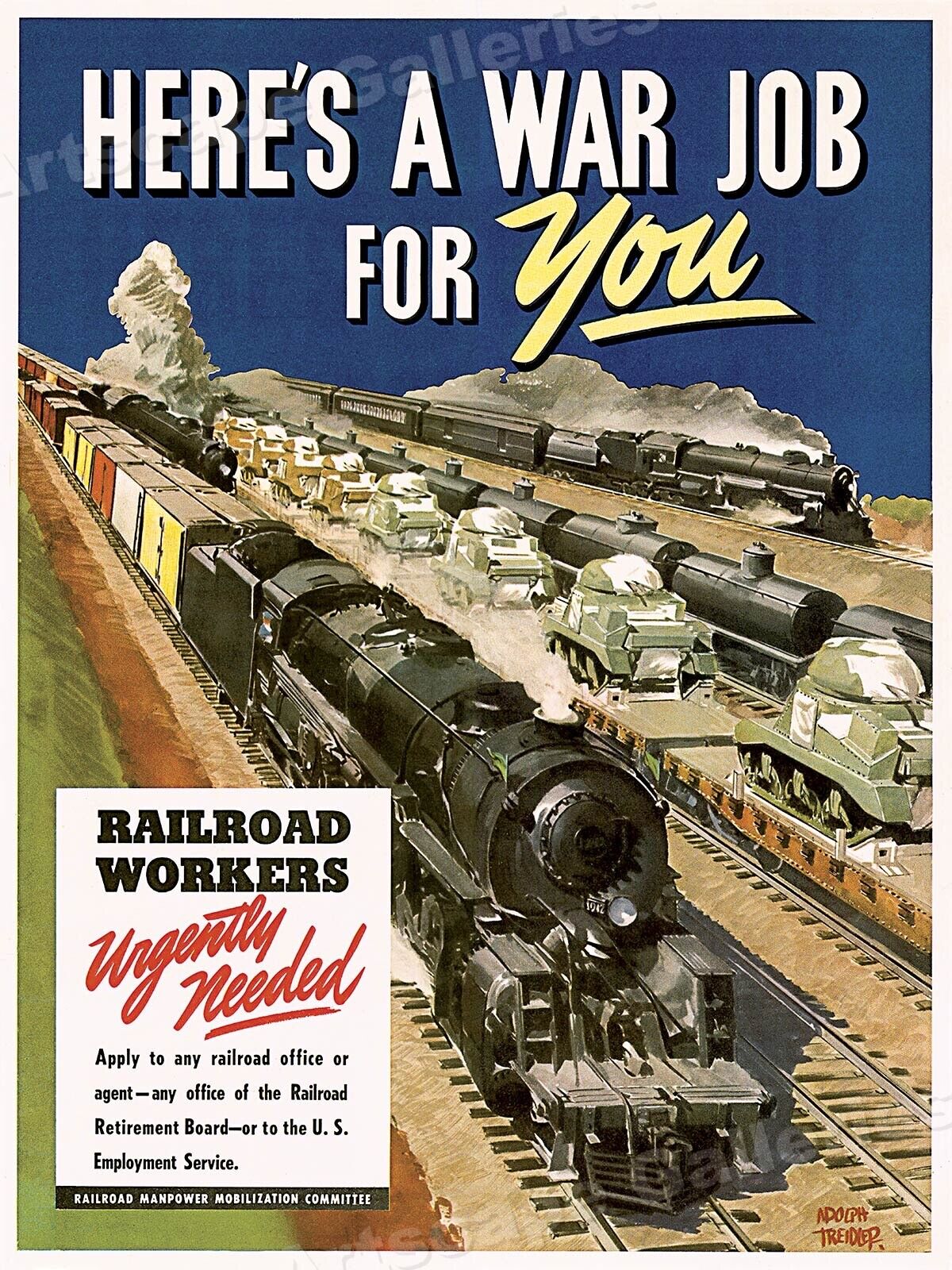 Here's a War Job - Railroad Workers Urgently Needed - WW2 Railroad Poster  18x24