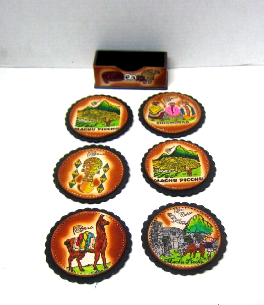 Vintage Peru Hand Painted Leather Coasters Set 6 With Holder Folk Art Souvenir
