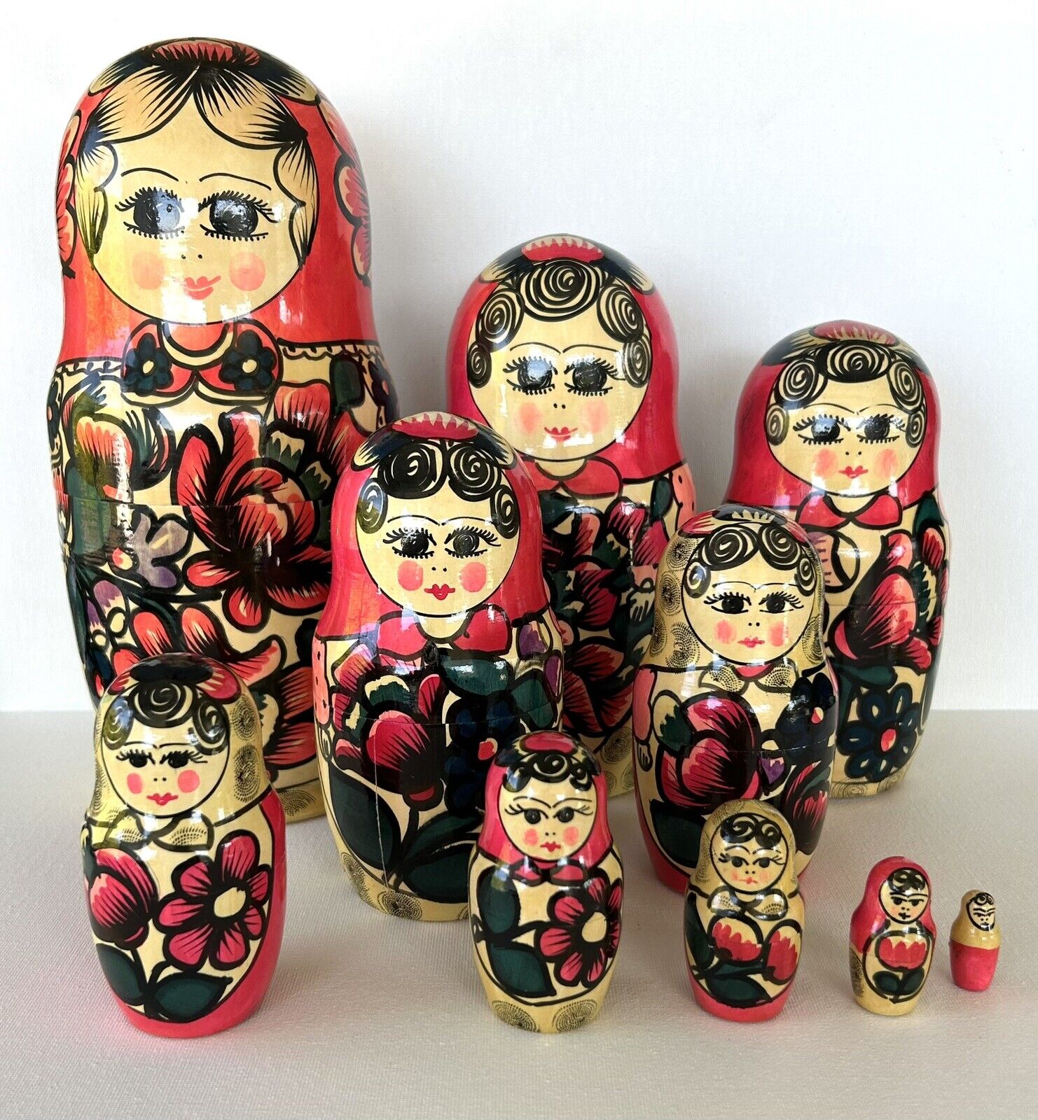 LARGE VTG Russian Matryoshka Nesting Stacking Dolls 10 Pieces Hand Painted 11”H