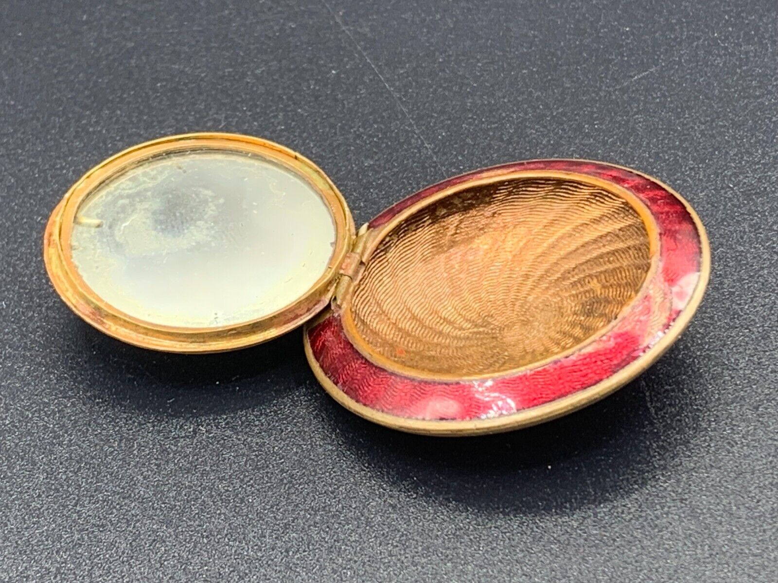 Art Deco Red Guilloche Enamel Gold Gilt Copper Compact W/ Mirror Pendant c.1920