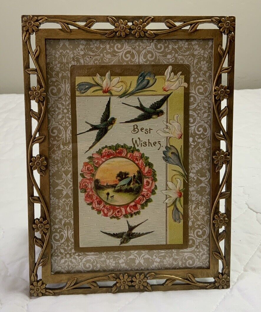 Vintage Antique Framed Victorian Post Card Ephemera, Birds, Best Wishes, House