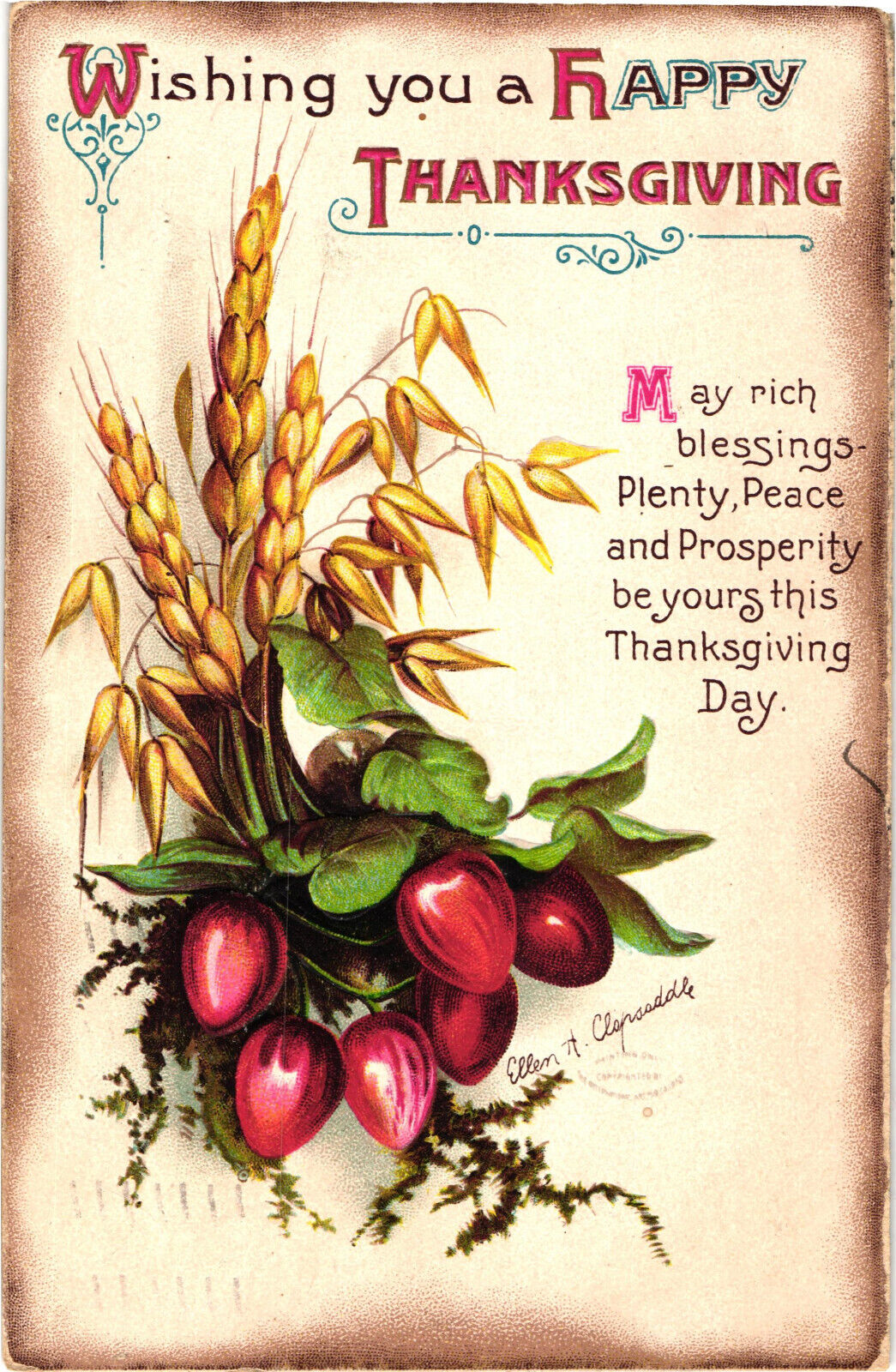 Wishing You A Happy Thanksgiving Embossed Postcard Ellen Clapsaddle Posted